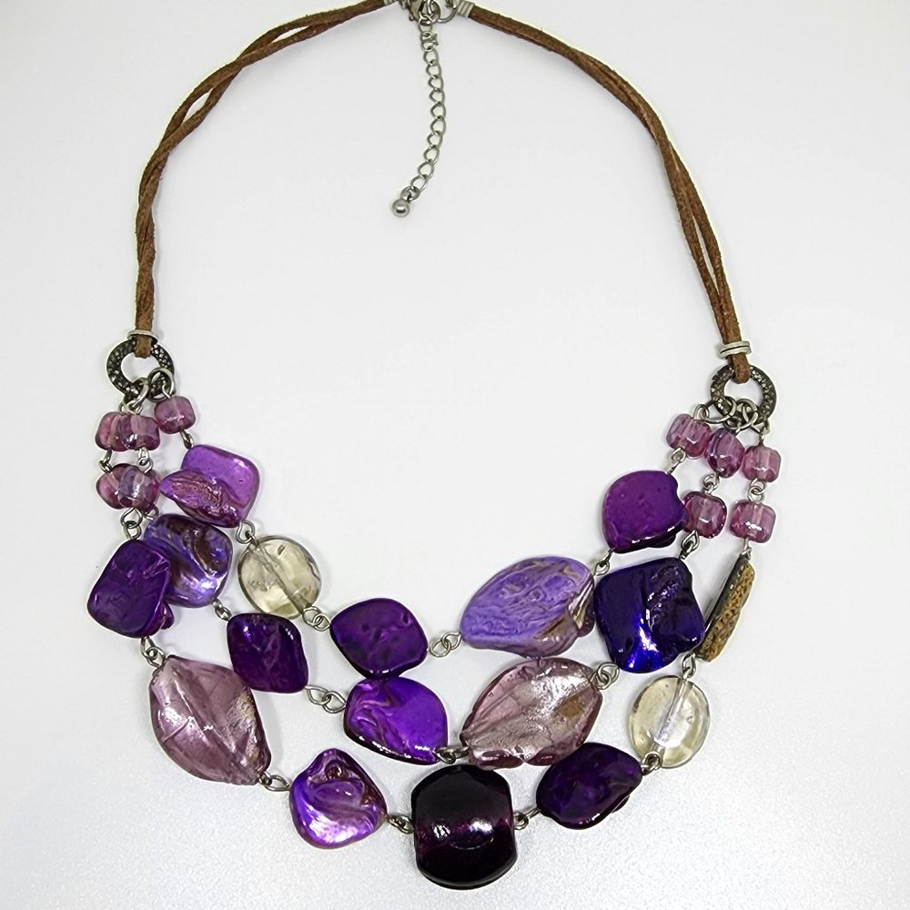 Purple Glass and Abalone Mother-of-Pearl Triple Strand Leather Chain Necklace - Picture 7 of 14